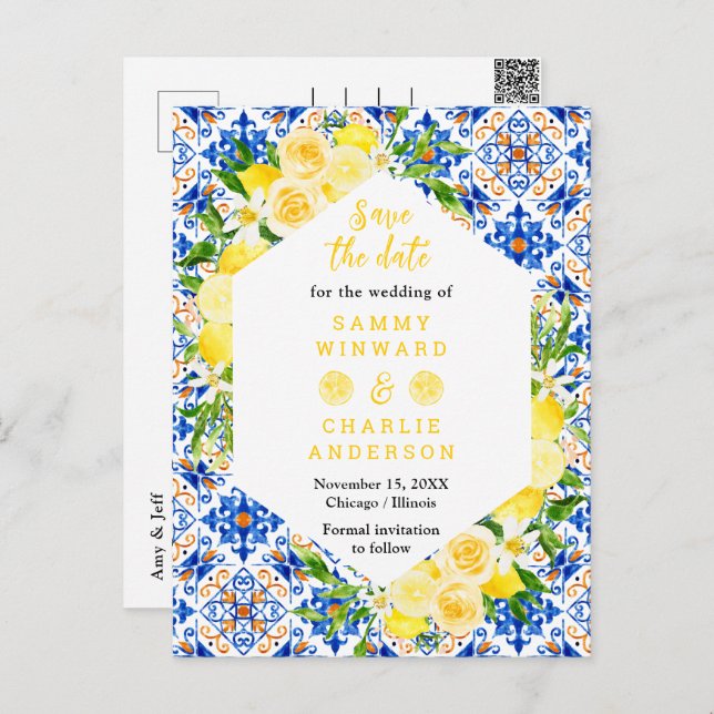 Lemons with Foliage Wedding Save The Date Postcard (Front/Back)