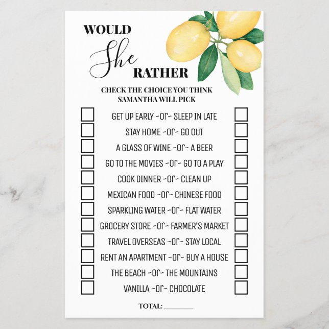 Lemons Would She Rather Bridal Shower Game Card (Front)