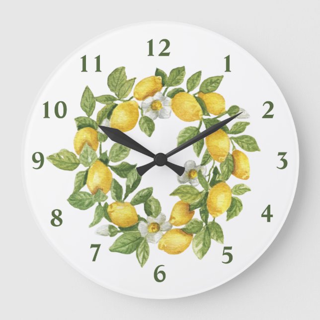 Lemons Wreath Green Yellow Round Wall Clock (Front)