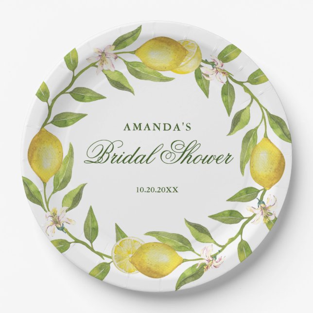 Lemons Wreath & Greenery Bridal Shower Party Paper Plate (Front)