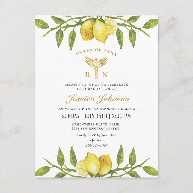 Lemons Wreath Nursing School Graduation Invitation Postcard (Front)
