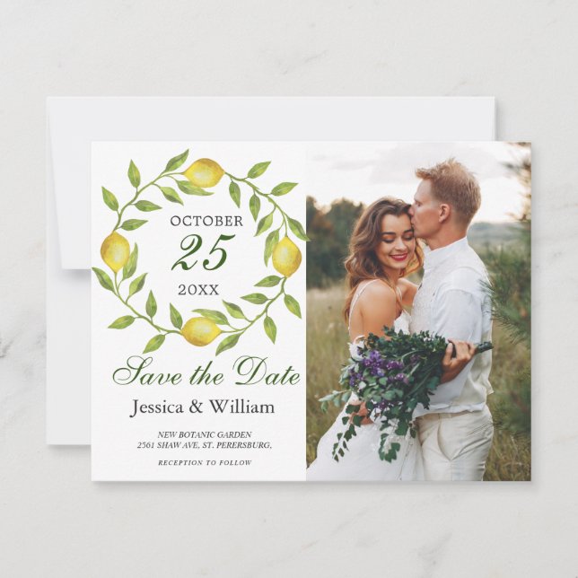 Lemons Wreath Photo Wedding Save the Date Card (Front)