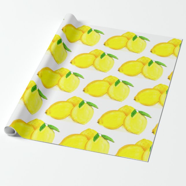 Lemons Yellow Fruit Pattern Watercolor Citrus Wrapping Paper (Unrolled)