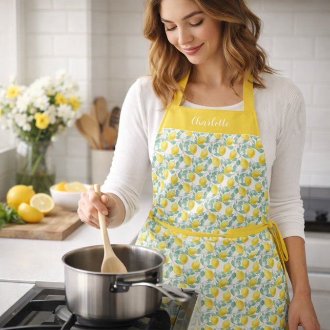 Lemons yellow green pattern name apron (Creator Uploaded)