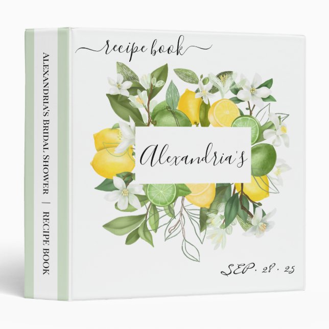 Lemony Greenery Bridal Shower Recipe Binder (Front/Spine)