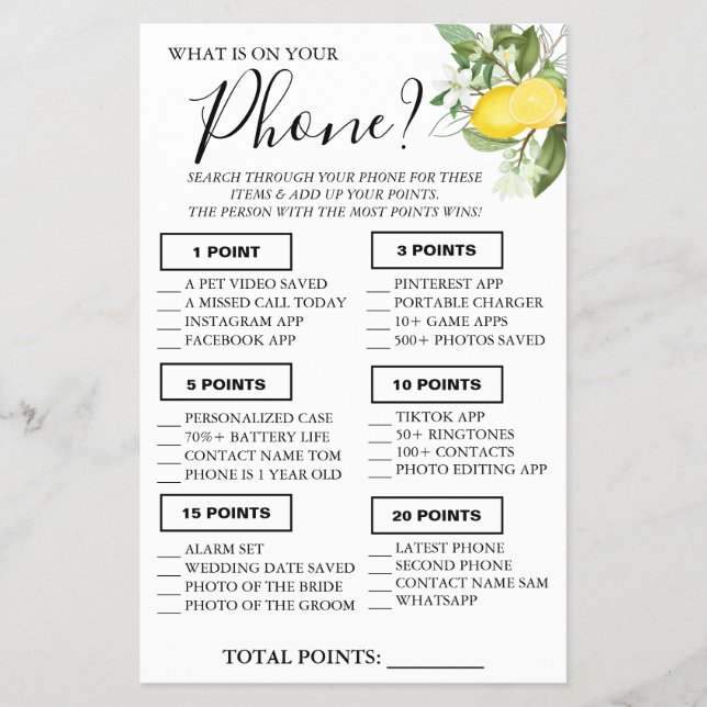 Lemony What is on your phone Shower game card (Front)