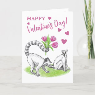 Lemur with Tulips Romantic Love Funny Valentine Holiday Card