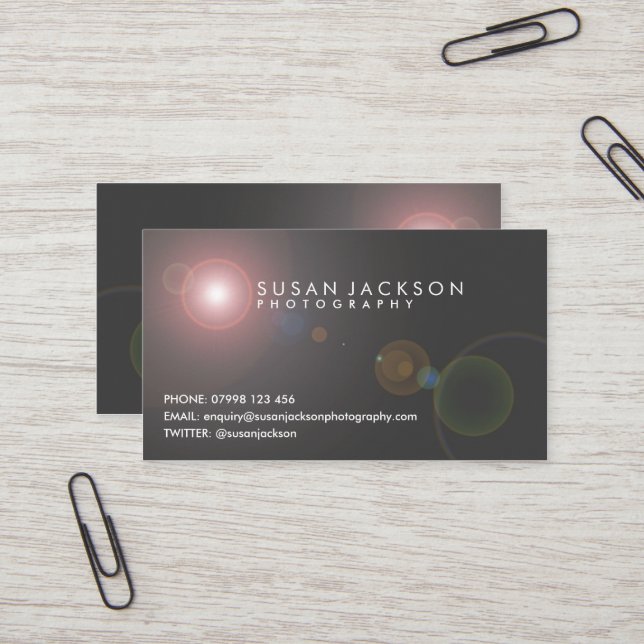 Lens Flare Photographers Business Card (Front/Back In Situ)