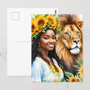 Leo Black Woman With Sunflowers and Lion Postcard