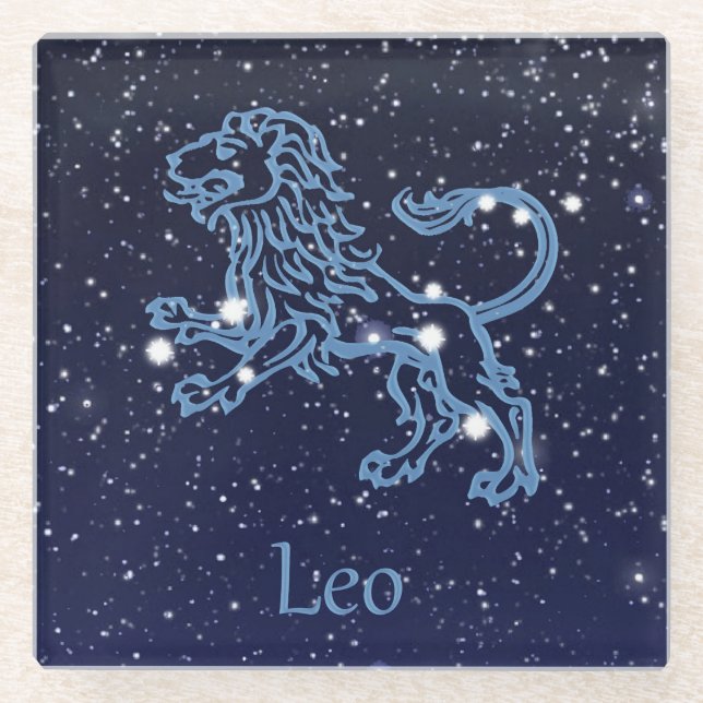 Leo Constellation and Zodiac Sign with Stars Glass Coaster (Front)