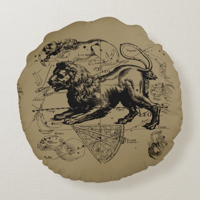 Leo Constellation Map Hevelius 1690 on Taupe Round Pillow (Back)