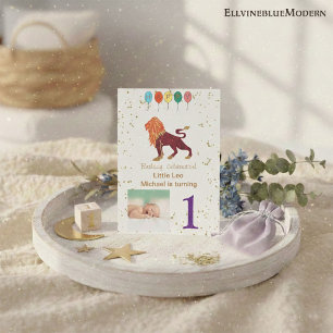 Leo First Birthday Gold, Balloons & Photo Invitation