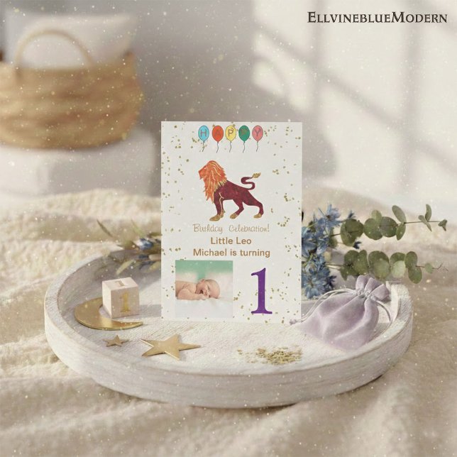 Leo First Birthday Gold, Balloons & Photo Invitation (Creator Uploaded)