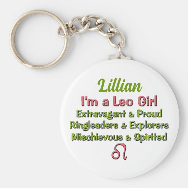 Leo Girl Pink and Green Zodiac Name Keychain (Front)