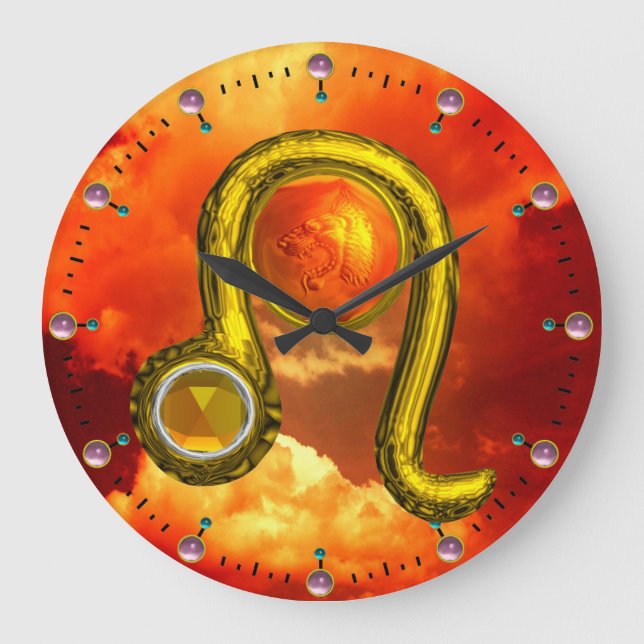LEO GOLD ZODIAC BIRTHDAY JEWEL WITH TOPAZ GEMSTONE LARGE CLOCK (Front)