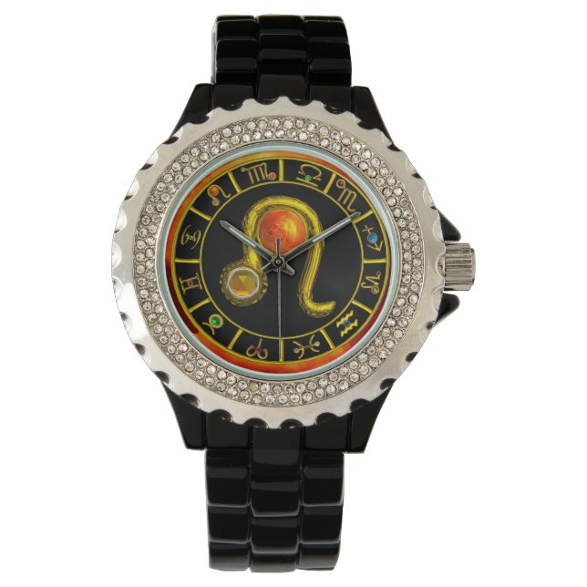LEO GOLD ZODIAC BIRTHDAY JEWEL,Yellow,Black Watch (Front)