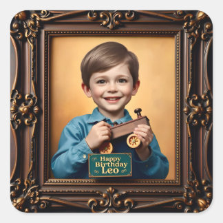 LEO ~ HAPPY BIRTHDAY ~ Wooden Train ~ Square Sticker