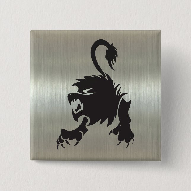 Leo Lion Silhouette on Metallic Effect 2 Inch Square Button (Front)