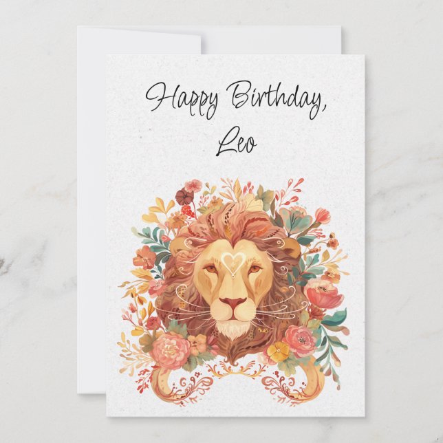 Leo Lion Zodiac Boho Floral Birthday Flat Card (Front)