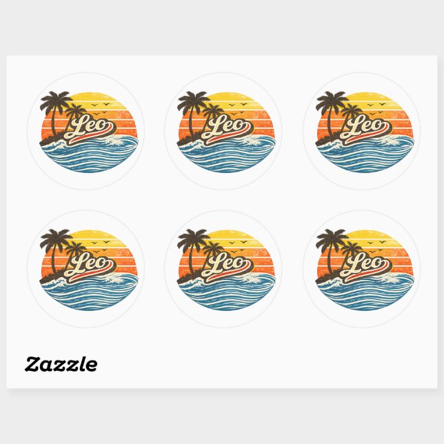 Leo Retro Sunset Name Design Classic Round Sticker (Sheet)