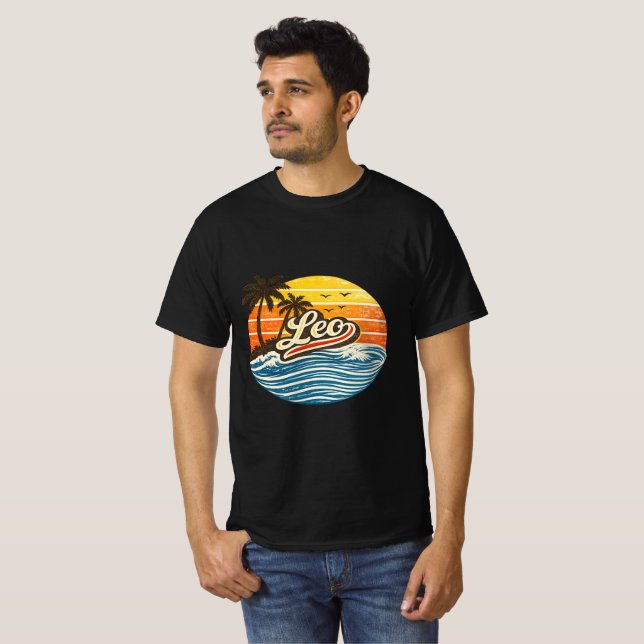 Leo Retro Sunset Name Design T-Shirt (Front Full)