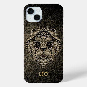 Leo the Lion on Leather and Gold iPhone 15 Mini Case
