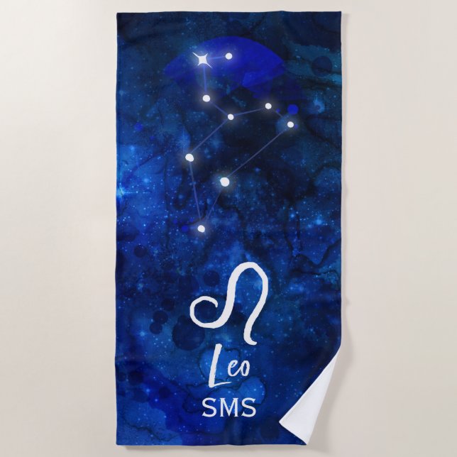 Leo Zodiac Constellation Dark Blue Galaxy Monogram Beach Towel (Front)
