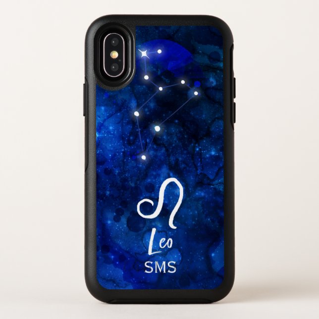 Leo Zodiac Constellation Dark Blue Galaxy Monogram Otterbox iPhone Case (Back)