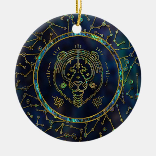 Leo Zodiac Gold Abalone on Constellation Ceramic Ornament (Front)