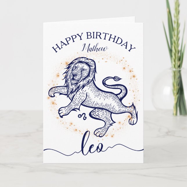 Leo Zodiac Marine & Gold Monochrome Carte d'annive (Devant)