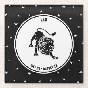 Leo Zodiac Sign, Black & White Glass Coaster
