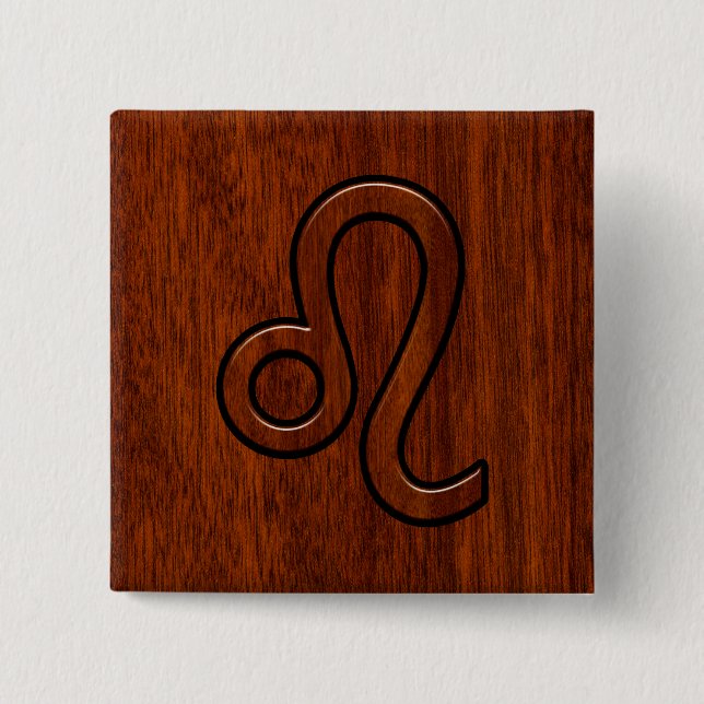 Leo Zodiac Sign in Brown Mahogany wood style 2 Inch Square Button (Front)