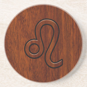 Leo Zodiac Sign in Brown Mahogany wood style Coaster
