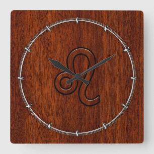 Leo Zodiac Sign in Brown Mahogany wood style Square Wall Clock