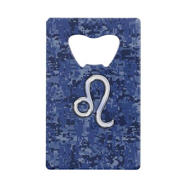 Leo Zodiac Sign on Blue Digital Camouflage Credit Card Bottle Opener (Front)
