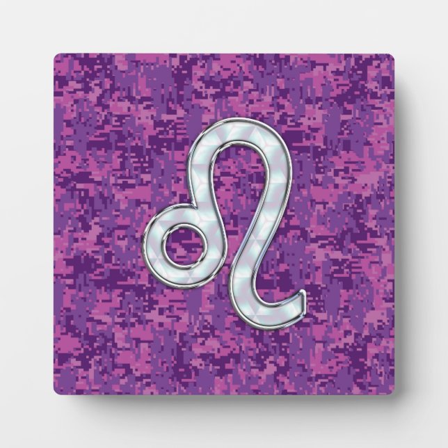 Leo Zodiac Sign on Fuchsia Digital Camouflage Plaque (Front)