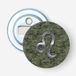Leo Zodiac Sign on Green Digital Camo Bottle Opener