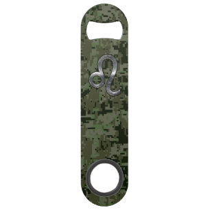Leo Zodiac Sign on Green Digital Camo Speed Bottle Opener