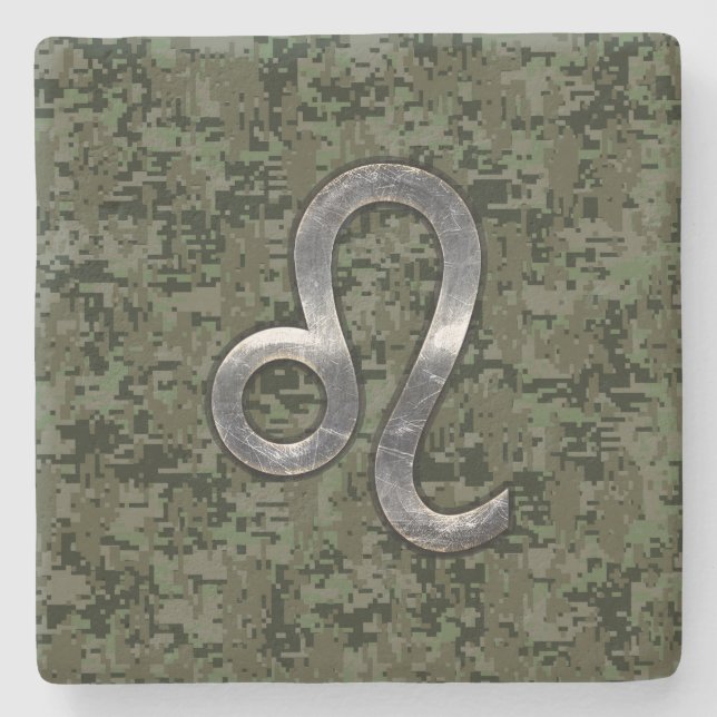Leo Zodiac Sign on Green Digital Camo Stone Coaster (Front)
