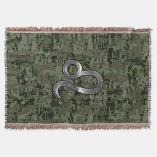 Leo Zodiac Sign on Green Digital Camo Throw Blanket