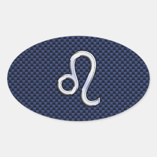 Leo Zodiac Sign on Navy Blue Carbon Fibre Print Oval Sticker