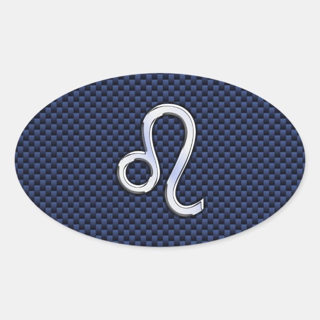 Leo Zodiac Sign on Navy Blue Carbon Fibre Print Oval Sticker (Front)