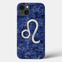 Leo Zodiac Sign on Navy Blue Digital Camouflage