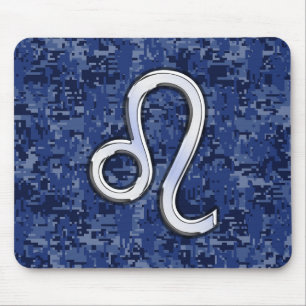 Leo Zodiac Sign on Navy Blue Digital Camouflage Mouse Pad