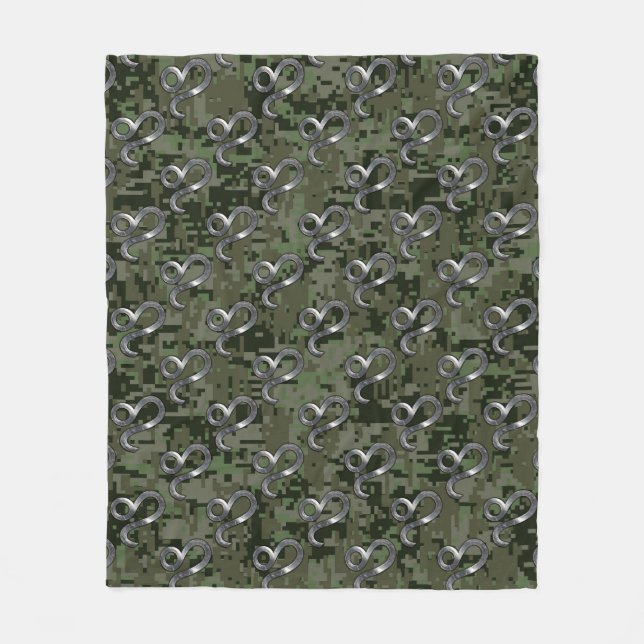 Leo Zodiac Sign on Olive Green Digital Camo Fleece Blanket (Front)
