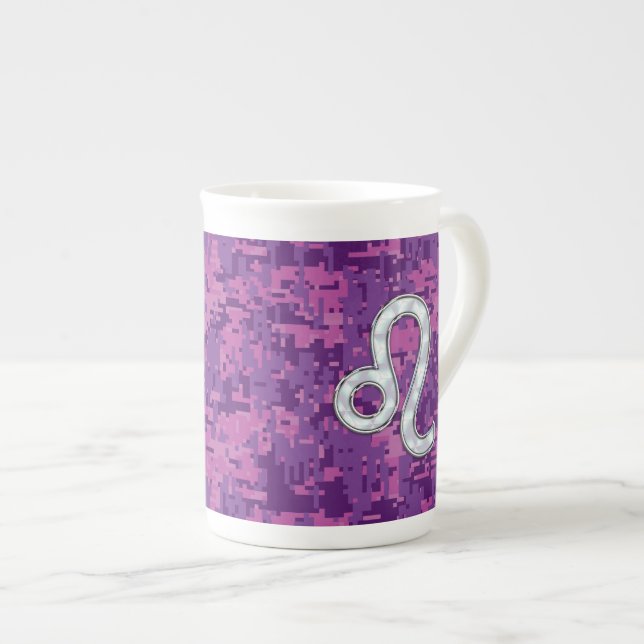 Leo Zodiac Sign on Pink Fuchsia Digital Camo Bone China Mug (Front Right)