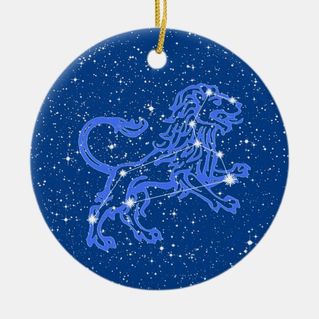 Leo Zodiac Sign with Stars on Deep Blue  Ceramic Ornament (Front)