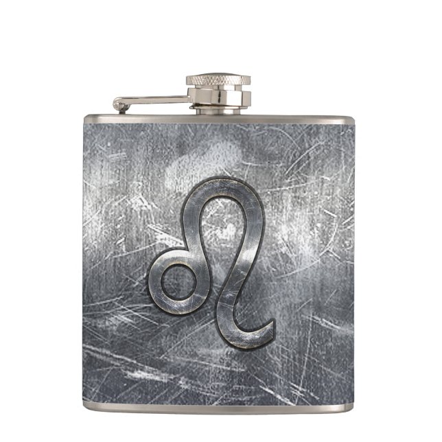 Leo Zodiac Symbol in Grunge Distressed Style Hip Flask (Front)