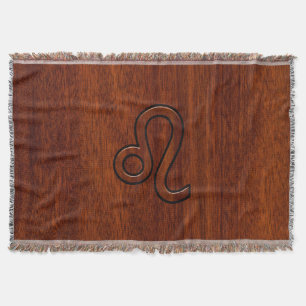 Leo Zodiac Symbol in Mahogany wood style Throw Blanket