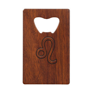 Leo Zodiac Symbol in Mahogany wood style Wallet Bottle Opener